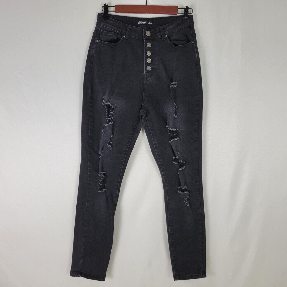 Special One Juniors Jeans 15 Black Denim High‎ Rise Skinny Button Fly Distressed